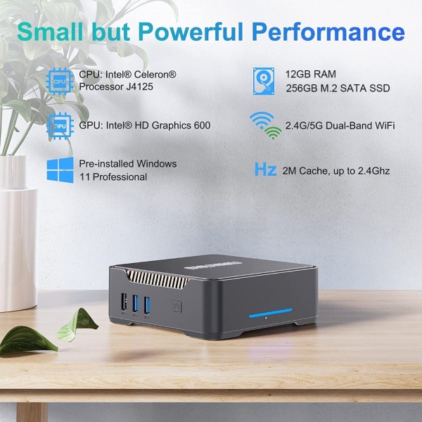 SNUNMU Windows 11 Mini PC, 12 GB RAM+256 GB M.2 SSD,Intel Celeron J4125 Mini Computer, 2.4G & 5.0G WiFi, 4K UHD, Gigabit Ethernet, Bluetooth 4.2 Small Desktop PC for Office&Entertainment