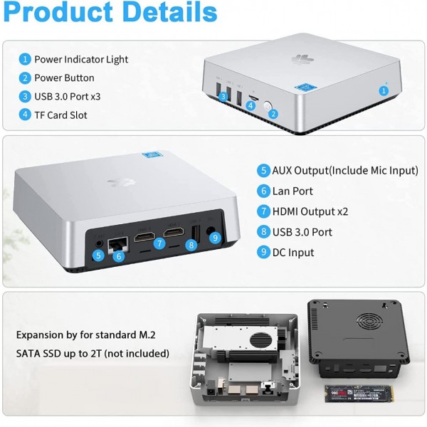 SNUNMU GK5 Mini PC, Intel Celeron N4000,4GB RAM + 64GB ROM,Windows 10 Pro Mini Desktop Computer, Support M.2 SSD,Dual WiFi 2.4G/5G, Bluetooth 4.2, 4K HD, Dual Display Micro Desktop PC for Light Office