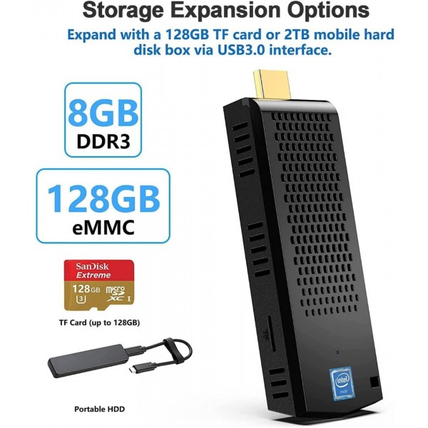 Mini PC Stick Windows 10 Pro with Atom x5-Z8350, 8GB DDR3L 128GB ROM, Support 4K HD Fanless Laptop, Bluetooth 4.2 and 2.4G / 5.0G Dual Band WiFi