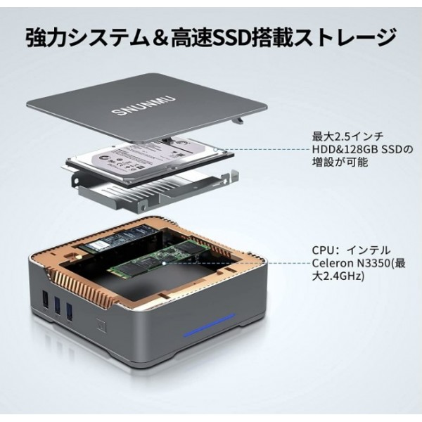 SNUNMU ミニpc 小型パソコン Windows 10 Pro、ミニパソコン 4K 3画面同時出力可能 小型 コンピューター、省電力 mini pc Celeron N3350(最大2.4GHz) 4GB DDR3 64GB eMMC
