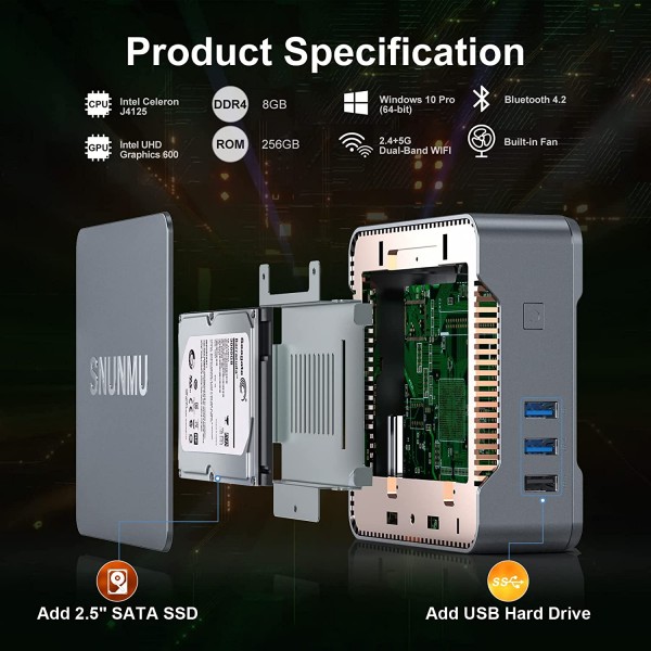 SNUNMU Mini PC, Intel Celeron J4125 Processor 8GB DDR4 / 256GB ROM Windows 10 Pro Mini Computer, Triple Screen Support/4K HD/Dual Band WLAN/Gigabit Ethernet/Bluetooth 4.2