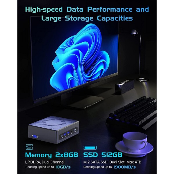 Mini PC Windows 11 Pro,16GB LPDDR4 RAM 512GB SSD Micro Desktop Computer,Intel Core i5-8259U(Max 3.8GHz,4C/8T),Intel Iris Plus Graphics 655,HDMIx2/VGA Triple Display,4K UHD,Type-C Business Office PC