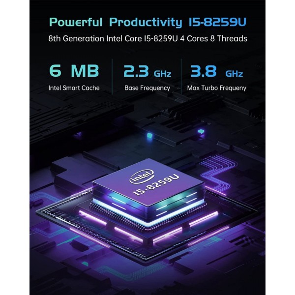 Mini PC Windows 11 Pro,16GB LPDDR4 RAM 512GB SSD Micro Desktop Computer,Intel Core i5-8259U(Max 3.8GHz,4C/8T),Intel Iris Plus Graphics 655,HDMIx2/VGA Triple Display,4K UHD,Type-C Business Office PC